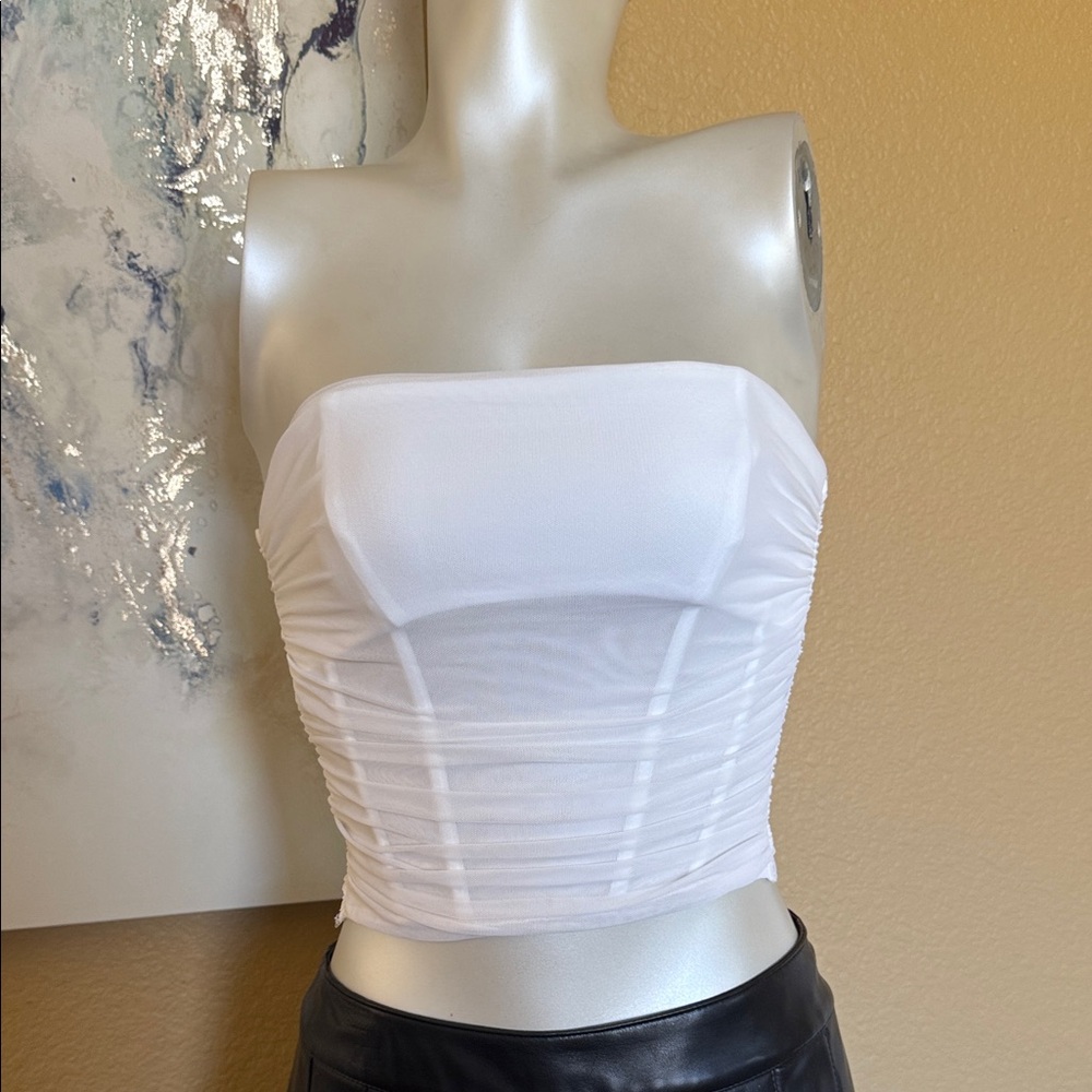 White Strapless Ruched Crop Top - Women